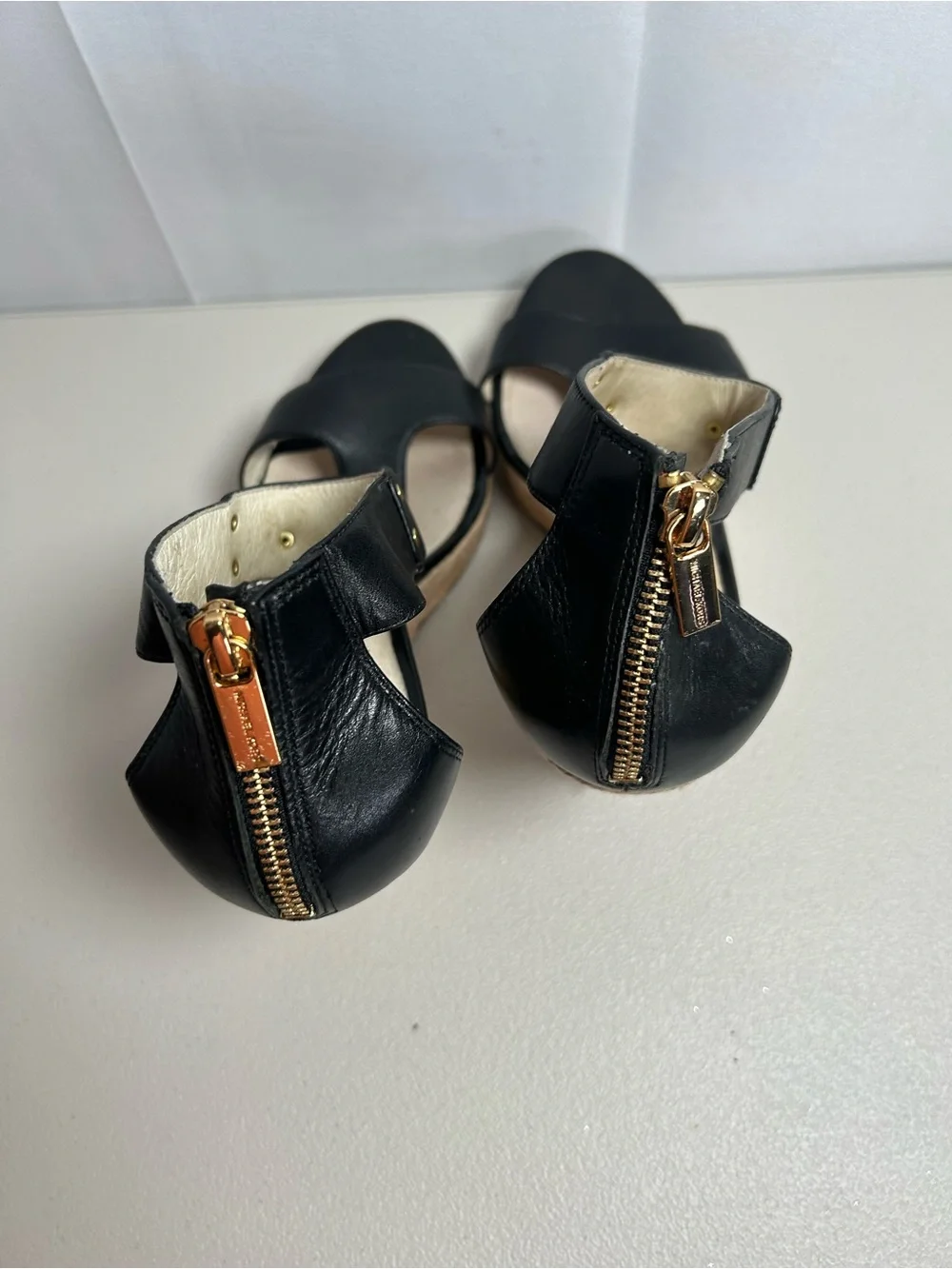 Michael Kors Black Leather Wedge Sandals with Gold Accent In 9M